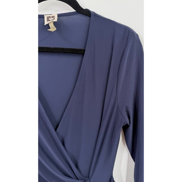 Ann Klein Size 10 Wrap Dress Blue Classic Knit 3/4 Slv Short Career Day to Night - Picture 3 of 6